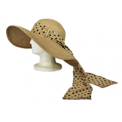 Hats – 12 PCS Wide Brim Hat w/ Polka Dot Chiffon Ribbon - Brown - HT-SHT2412BN